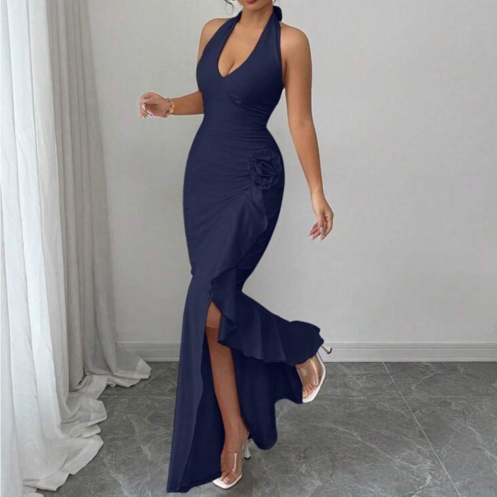 SHEIN Navy High Low Halter Dress